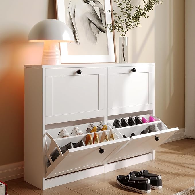 VOWNER Shoe Cabinet with 4 Flip Drawers, Freestanding Shoe Storage Cabinet with Adjustable Shelf & Anti-Tipping Device, Shoe Rack for Entryway, Hallway, Living Room (White) | 4 Flip Drawers