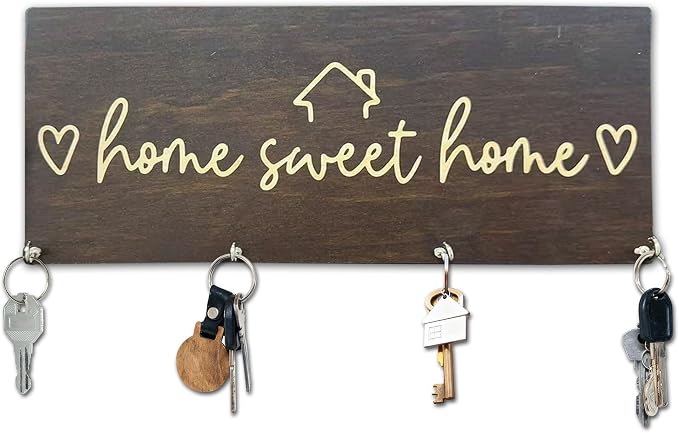 Sweet Home Wooden Key Holder for Wall - 5"x10" Key Organizer Hanger with 4 Hooks for Front Door Hallway Entryway Kitchen - Home Office Decor & Housewarming Gifts Supplies - A06