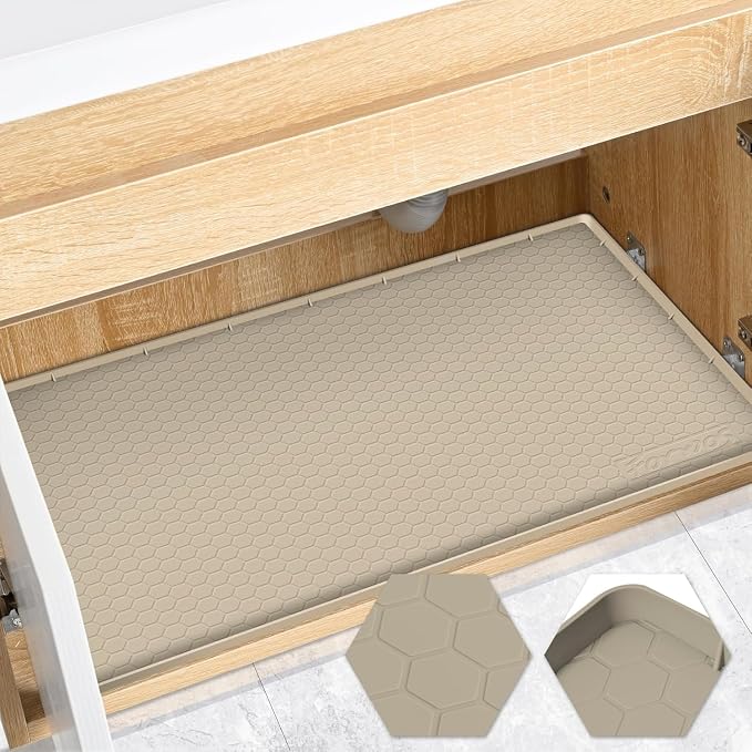 Silicone Under Sink Mat, 34"x19", Waterproof Cabinet Liner, Khaki | Shelf Liner, Cabinet Protector, Home Organizer, for Kitchen, Bathroom, Multipurpose, Leak Proof, Easy Clean, Drip Tray, Clean