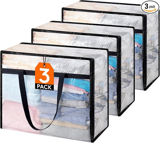Lifewit 3 Pack Clear Blanket Storage Bags, Foldable Plastic Clothes Organizer with Zipper, Closet Organization Containers and Moving Bag for Comforter, Bedding, Duvet, 40L