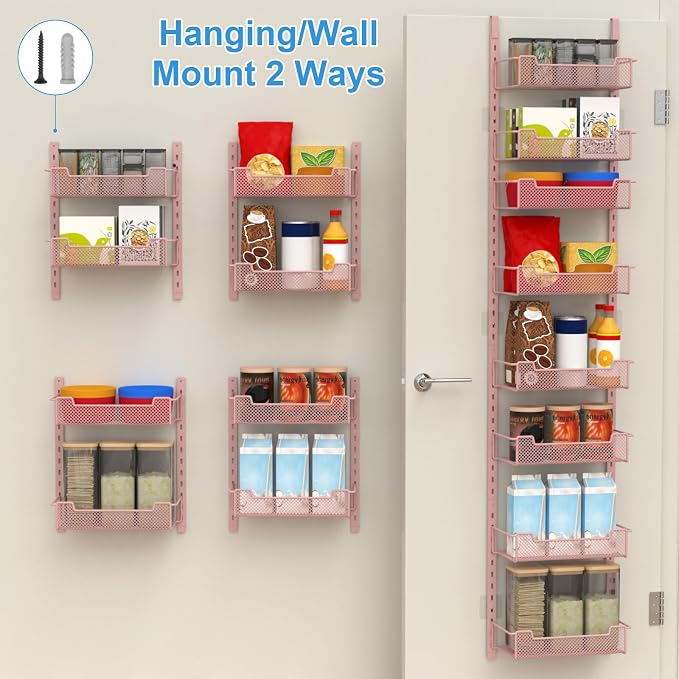 VyGrow 12.3" W Narrow Over the Door Pantry Organizer, 8-Tier Over the Door Organizer with Adjustable Basket, Pantry Door Organization for Pantry Kitchen Storage Room Spice Rack, Pink
