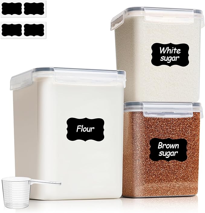 3 PCS Airtight Flour and Sugar Container for Pantry - 5lb Flour Capacity - 7.1 Inch Extra Wide Mouth Square Pantry Storage - Set of 3 (5.2L/5.5Qt) (2.5L/2.6Qt*2) - Stackable Baking Supplies Organizer