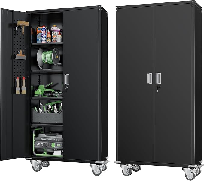 Greenvelly Metal Storage Cabinet with Wheels, 72" Black Garage Rolling Cabinet with Doors and 4 Shelves, Steel Locking Cabinets Tall Tool Lockable Storage Cabinets for Basement, Pantry, Home Office
