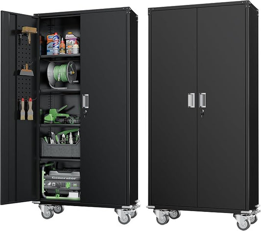 Greenvelly Metal Storage Cabinet with Wheels, 72" Black Garage Rolling Cabinet with Doors and 4 Shelves, Steel Locking Cabinets Tall Tool Lockable Storage Cabinets for Basement, Pantry, Home Office