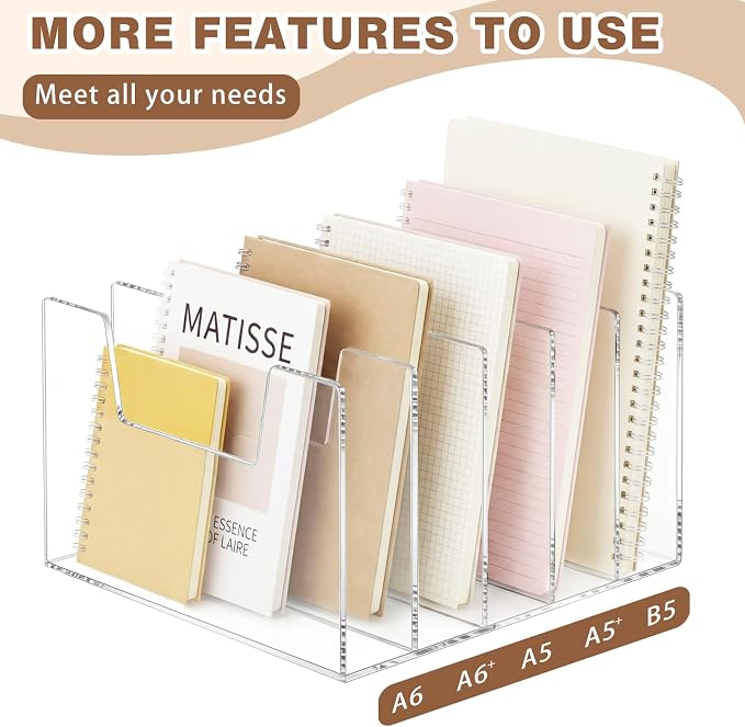 5 Section Clear Acrylic Desktop File Organizer Vertical File Sorter 4mm Thick, Large Capacity Upright Magazine Organizer, Book Paper, Notebooks, Envelopes, Mail Holder