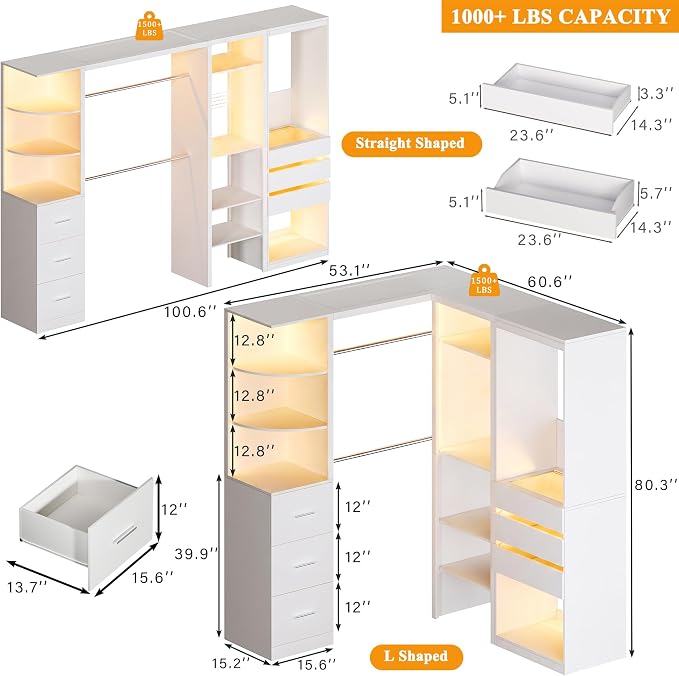 Large Corner Closet System Set with 6 Drawers & Shelves, 100'' Reversible Closet Organizer System with LED Lights & 8 Jewelry Hooks & Glasstop, Walk-in Closet with 4 Hanging Rods, L Shaped/Straight