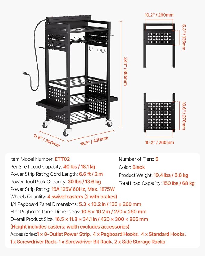 VEVOR 5-Tier Tool Organizer Cart with Charging Station, 8 AC Outlet, Floor Stand Rolling Drill Holder and Tool Battery Storage Rack on Wheels, Garage Floor Rolling Storage Cart for Workshop, Garage
