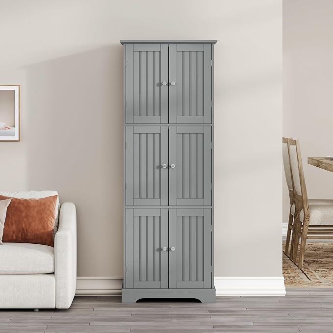 ChooChoo 63.2" Tall Bathroom Storage Cabinet with 6 Doors | Freestanding Floor Cabinet, Adjustable Shelves, Pantry Cabinet for Bathroom, Kitchen, Laundry Room, Grey