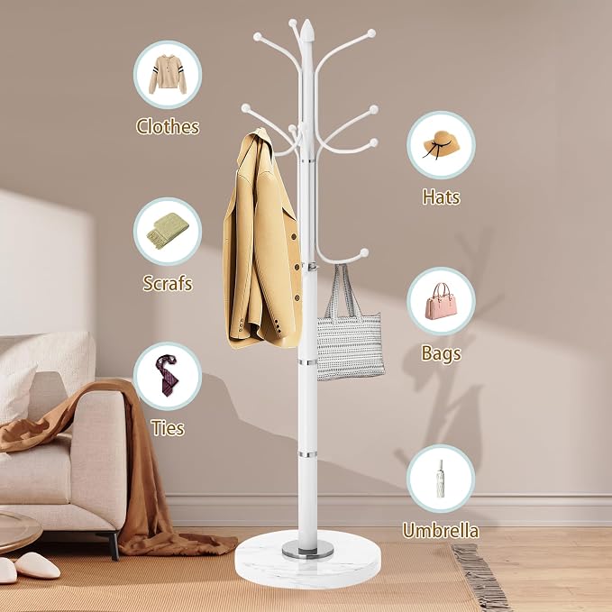OIRUMIE Coat Rack,Coat Rack Freestanding with 12 Hooks for Entryway,Corner | Metal Coat Rack Stand with Natural Marble Base, White Modern Coat Hanger Stand, Clothes Hall Tree Stand for Hallway