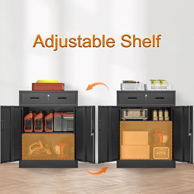 Wanfu Metal Storage Cabinet, 36" H x 28" W x 16" D Locking Cabinet with 1 Drawer and Adjustable Shelf, Metal Cabinets for Office, Garage, Home-Black