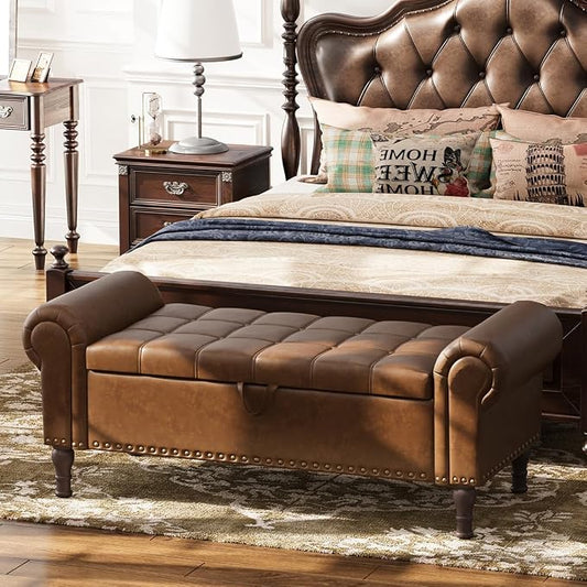 Apicizon 51” Bench with Storage, Upholstered Tufted Button Bedroom Bench with Storage, Faux Leather Ottoman Bench for Bedroom, Living Room, Entryway, Yellow Brown