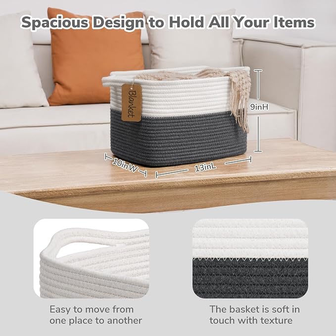 Goodpick Small Cotton Rope Baskets for Organizing, Dark Gray | 13 × 10 × 9 in, Rectangle, Reinforced Handles, Shelf & Nursery Organization, Baby Toys, Books & Towels Storage