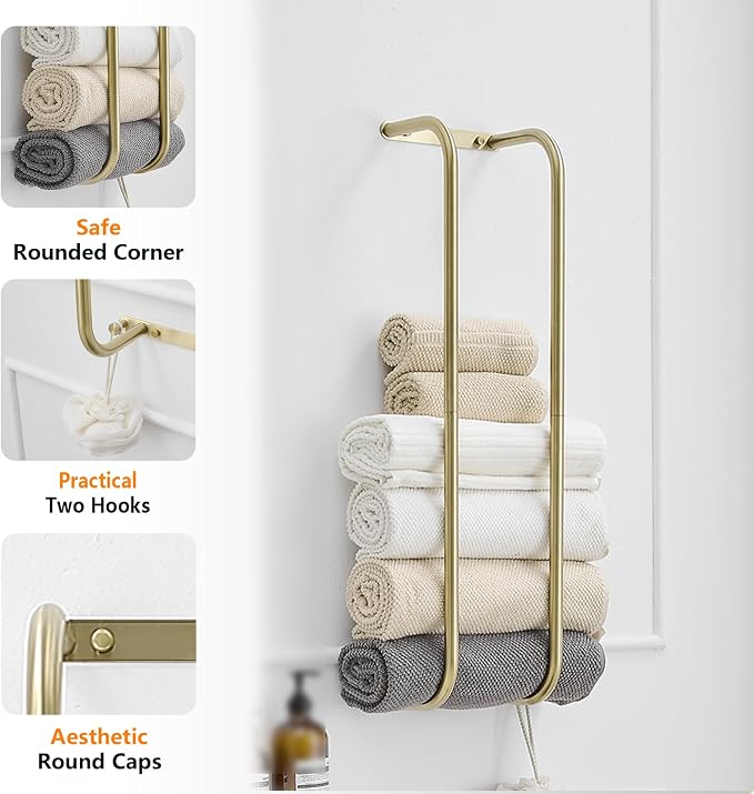 BWE Brushed Gold Towel Racks for Bathroom Wall Mounted for Rolled Towels | Bathroom Towel Rack Storage Stainless Steel Vertical Towel Holder Bathroom Organizer Space Saving for Bedrooms Hotels