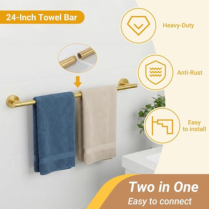5 Piece Brushed Gold Bathroom Hardware Set, 24 Inch Bathroom Hardware Set Towel Racks for Bathroom, SUS304 Stainless Steel Wall Mounted Bath Towel Bar Set