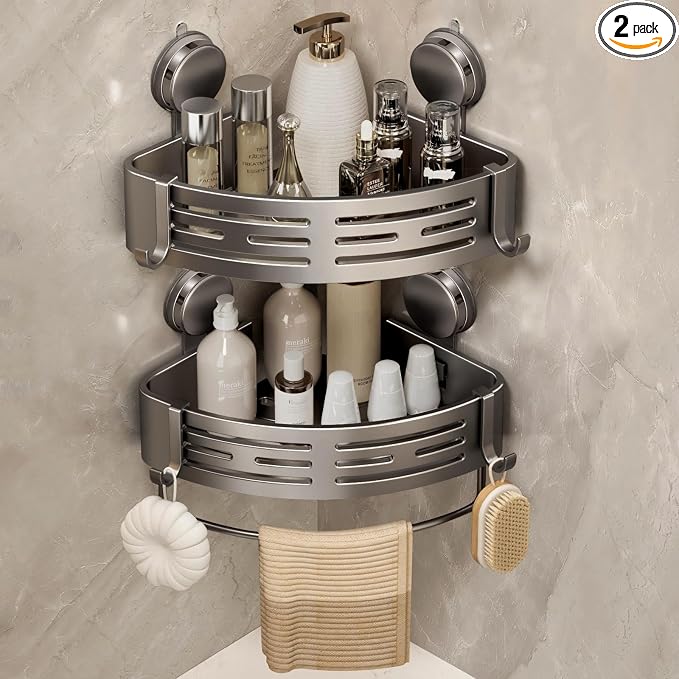 VOLPONE Corner Shower Caddy Suction Cup Shower Shelf Corner No Drilling Bathroom Shower Organizer Storage Rack Adhesive with Towel Bar Hooks (2-Pack,Gray)