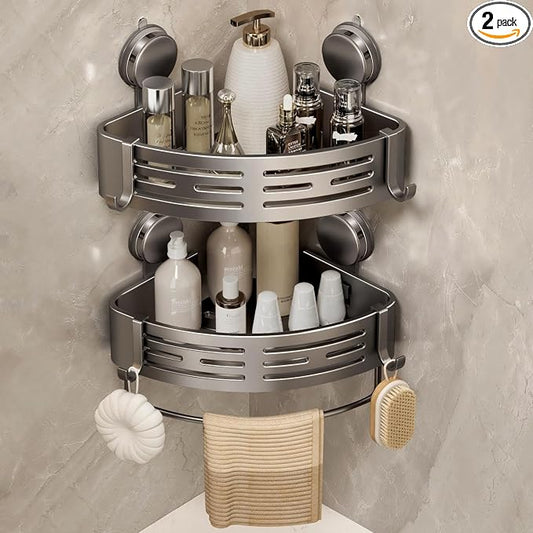 VOLPONE Corner Shower Caddy Suction Cup Shower Shelf Corner No Drilling Bathroom Shower Organizer Storage Rack Adhesive with Towel Bar Hooks (2-Pack,Gray)