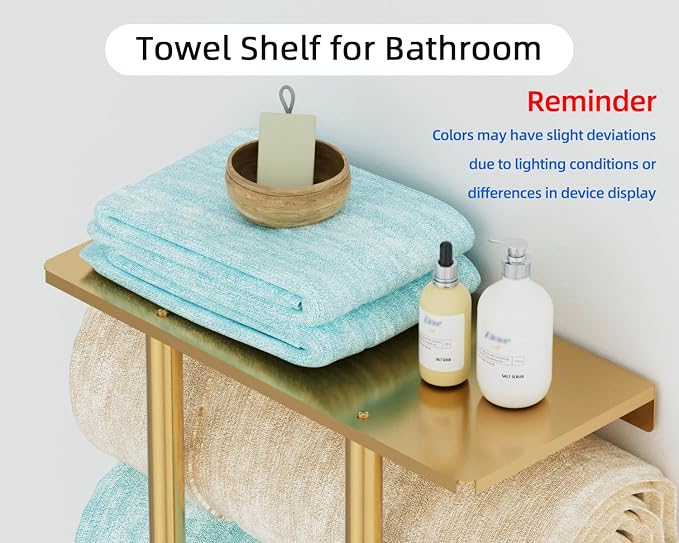 Gold Towel Rack with Shelf, Bethom Bath Towel Storage for Bathroom | Stainless Steel 3 Hooks Towel Racks for Small Bathroom Wall Mounted