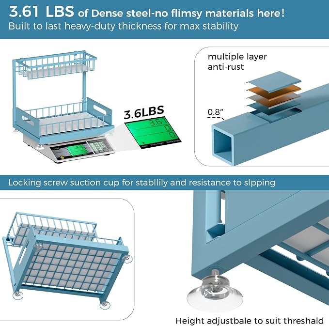 Saydear L-Shaped Under Sink Organizer, 2-Tier Pull-out Cabinet Rack 1-Pack | Teal Height-Adjustable Steel Rack, Sliding Grid Drawers with PP Liners, Holds 100 Lbs, Suction Base, Ideal Kitchen Storage