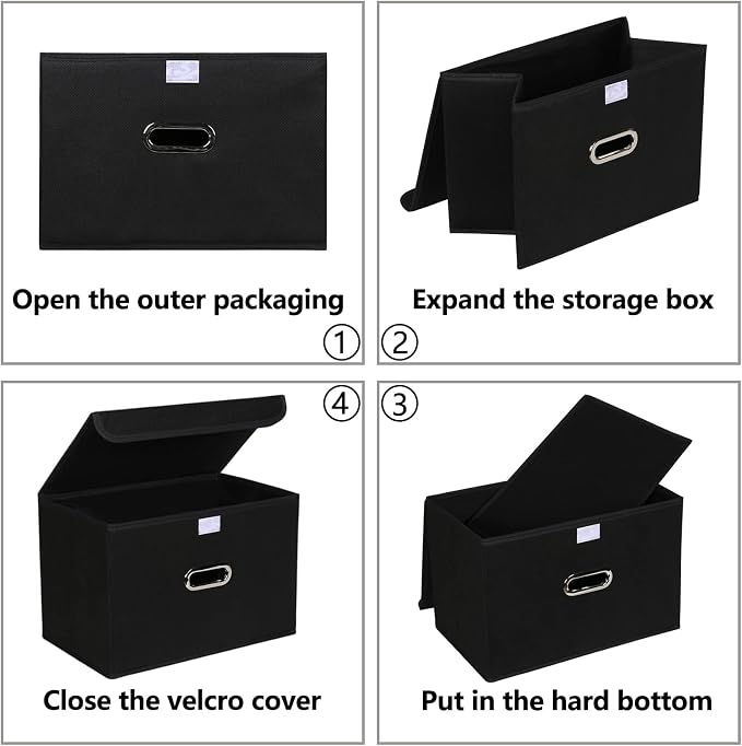 4-Pack Large Collapsible Storage Bins with Lids,Fabric Storage Cubes Organizer for Shelves,Closet,Nursery,Foldable Cube Storage Baskets with Handles,Home Boxes (14.9"x9.8",Black)