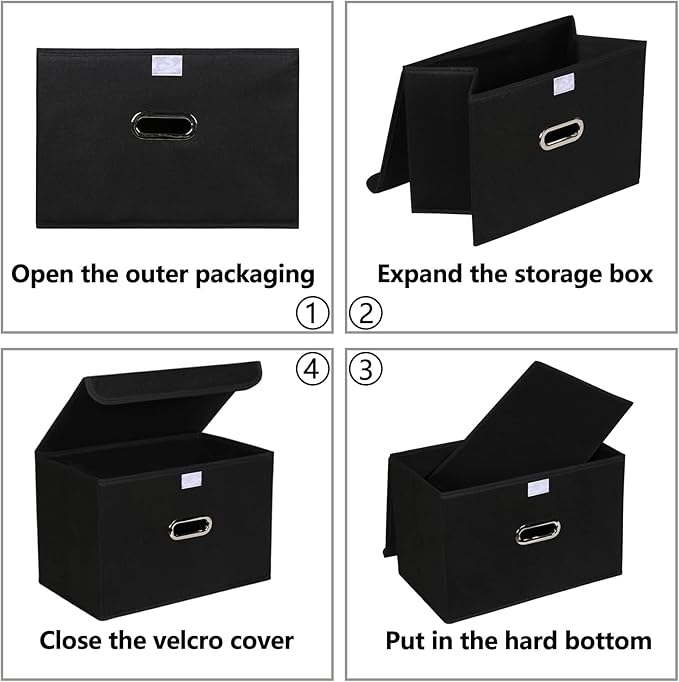 Fabric Foldable Collapsible Storage Cube Bin Organizer Basket with Lid, Handles, Removable Divider for Home, Closet (Black, 6Pcs)