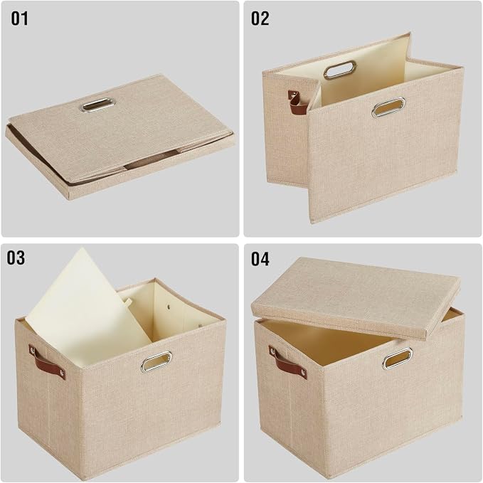 15" Large Collapsible Storage Bins with Lids, Stackable Closet Organizers with PU Handle and Labels, 3-Pack Decorative Fabric Storage Boxes for Home, Bedroom, Closet, Office, Nursery(Khaki)
