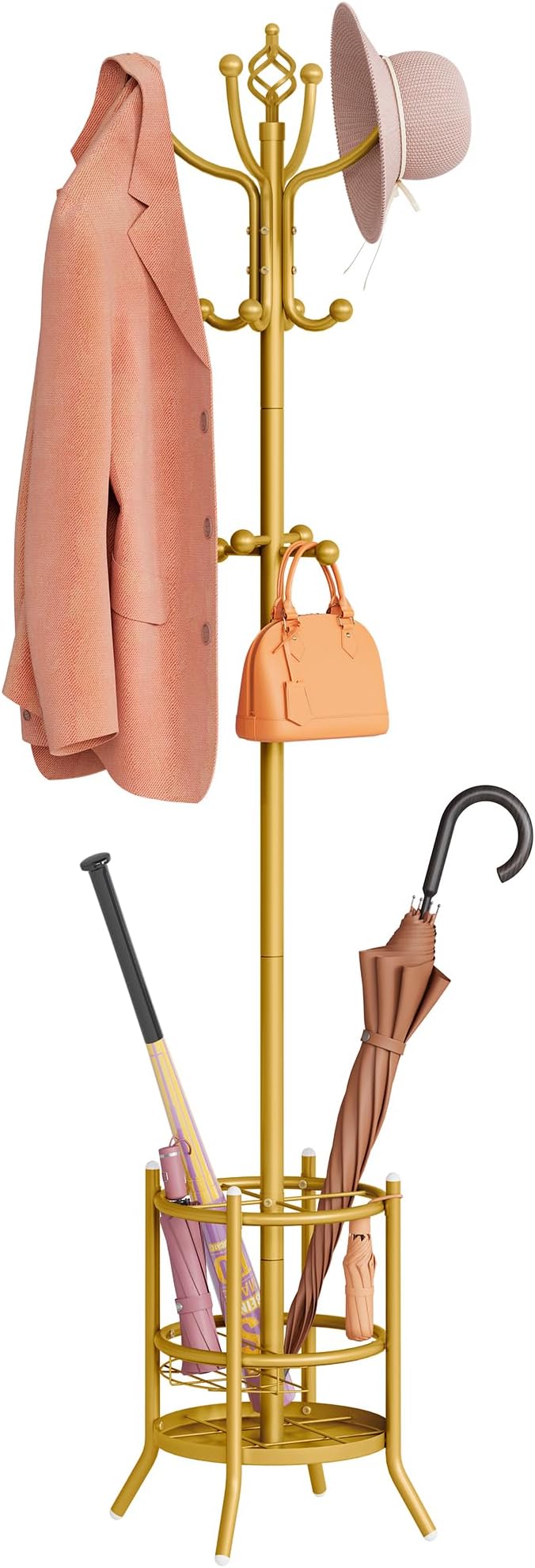 Tajsoon Coat Rack with Umbrella Holder, Coat Tree With 16 Hooks, Gold | 2-In-1 Design, Coat Rack Freestanding, Durable & Stable, Space-Saving, For Living Room, Bedroom, Office