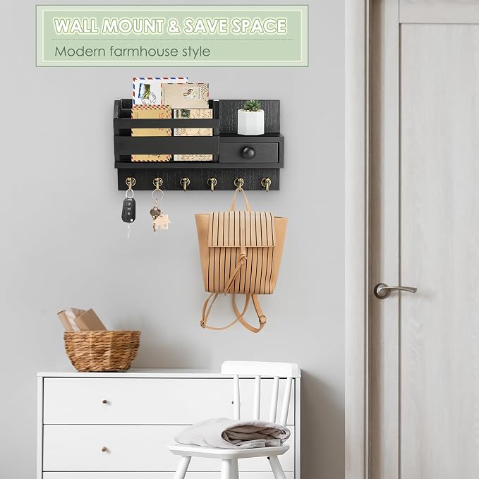 VIS'V Key Holder Wall Mount, Wooden Mail and Key Organizer, Black | Contains Little Drawer, Small Shelf, 2 Slots, 6 Hooks, for Entryway, Hallway, Doorway, Kitchen, Garage, Camper