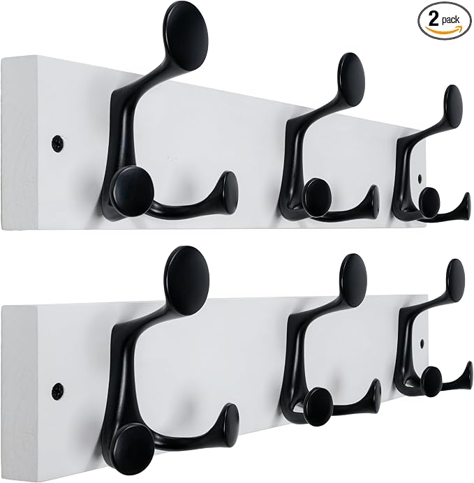 WEBI Coat Rack Wall Mount,17" Solid Wood Coat Hooks Wall Mounted Coat Hanger,16" Hole to Hole,Heavy Duty Hook Rack Rail,3 Triple Hooks for Hanging Coats,Jacket,Clothes,Hat,Backpack,White,2 Packs
