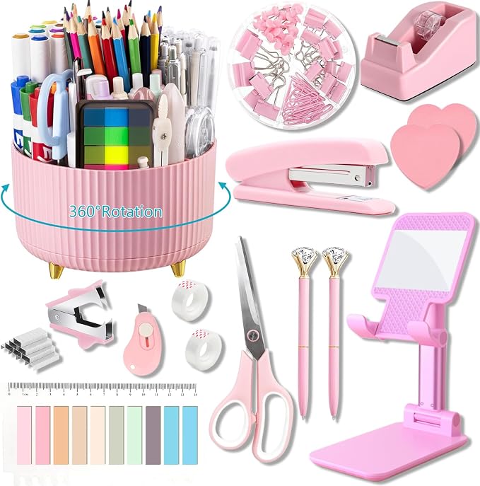Pink Office Supplies,Desk Accessories,Desk Organizer,Phone Stand,Scissors,Stapler,Tape Dispenser,Binder clips,Staples,staple remover,Sticky Notes,Index Tabs,Clear Tape,Mini Box Cutter,Cool Pen 16pcs