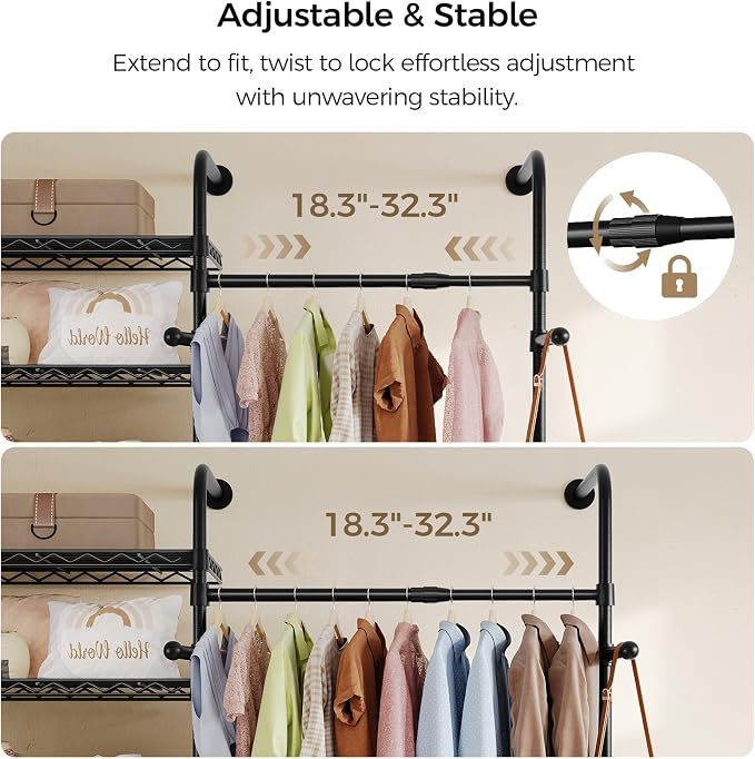Closet Organizers and Storage, 4-Row Heavy Duty Clothes Rack for Hanging Clothes, Wall Mounted Closet System with 4 Telescopic Rods, 2 Fixed Rods, 5 Hooks, 8 Shelves for Wardrobe, Bedroom, Small Space