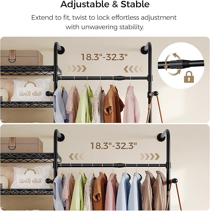 Closet Organizers and Storage, 3-Row Heavy Duty Garment Rack Clothes Rack for Hanging Clothes, Wall Mounted Closet System with 4 Telescopic Rods, 4 Hooks, 6 Shelves for Wardrobe, Bedroom, Small Space