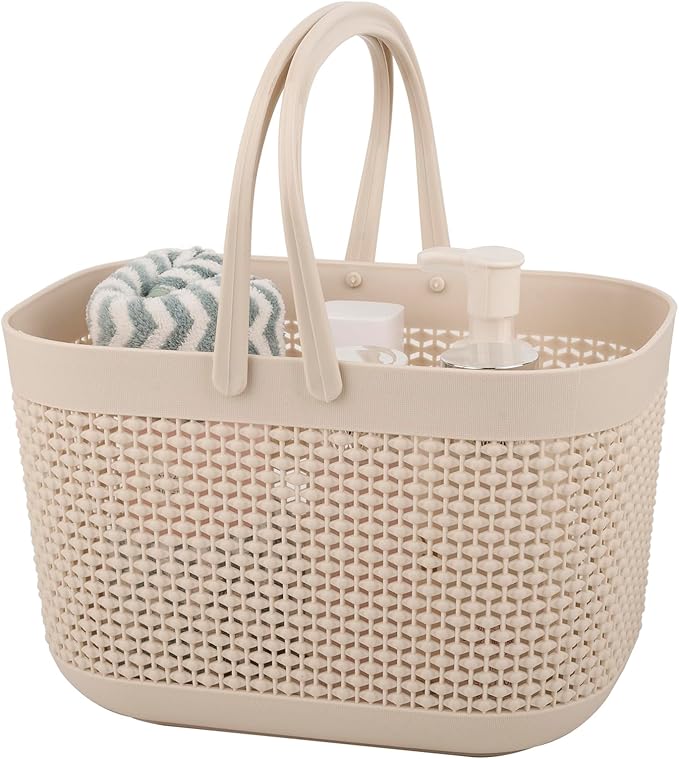 Plastic Portable Shower Caddy Basket, Storage Organizer with Handle, Beige | Bottom Drain Holes, Keep Dry, Sturdy and Durable, Easy to Carry for Bathroom, Kitchen, Dorm Room, RV, College