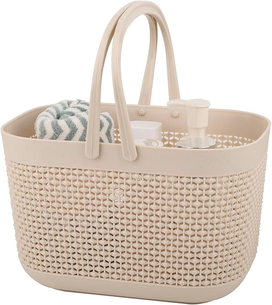 Plastic Portable Shower Caddy Basket, Storage Organizer with Handle, Beige | Bottom Drain Holes, Keep Dry, Sturdy and Durable, Easy to Carry for Bathroom, Kitchen, Dorm Room, RV, College