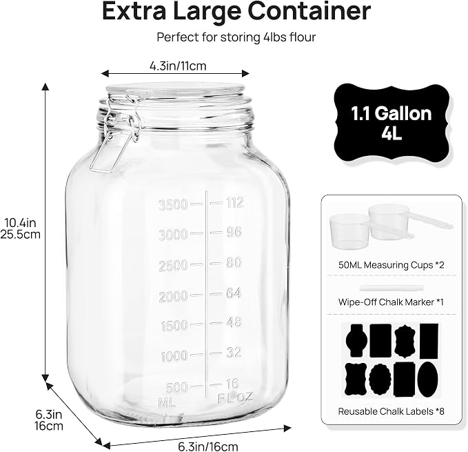 Vtopmart 1.1 Gallon Glass Storage Jars with Airtight Clamp Lids, 2 Pack | 140oz Square Canisters with Wide Mouth, Measurement Marks, Large Food Container for Flour, Sugar, Rice, Pickling, Fermenting