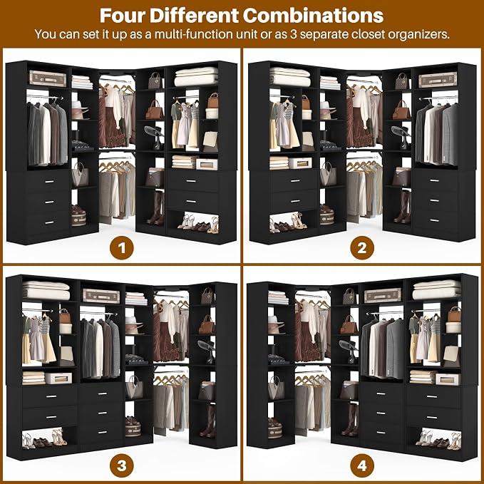 Besiost Corner Closet System with 5 Drawers, Closet Organizer System with 15+Shelvess & 4 Hanging Rods, 63.2"L * 63.2"W / 87.2"L * 39.2"W Reversible L Shaped Walk-in Closets, Load 2500+LBS, Black