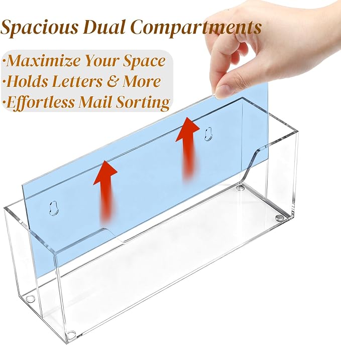 Noamus 2 Pack Acrylic Mail Organizer for #10 Envelopes, 2 Slot Wall-Mounted Letter Holder, Clear Hanging File Rack, Countertop File Sorters Box for Desk Bill Filling, Home Office School Workspace