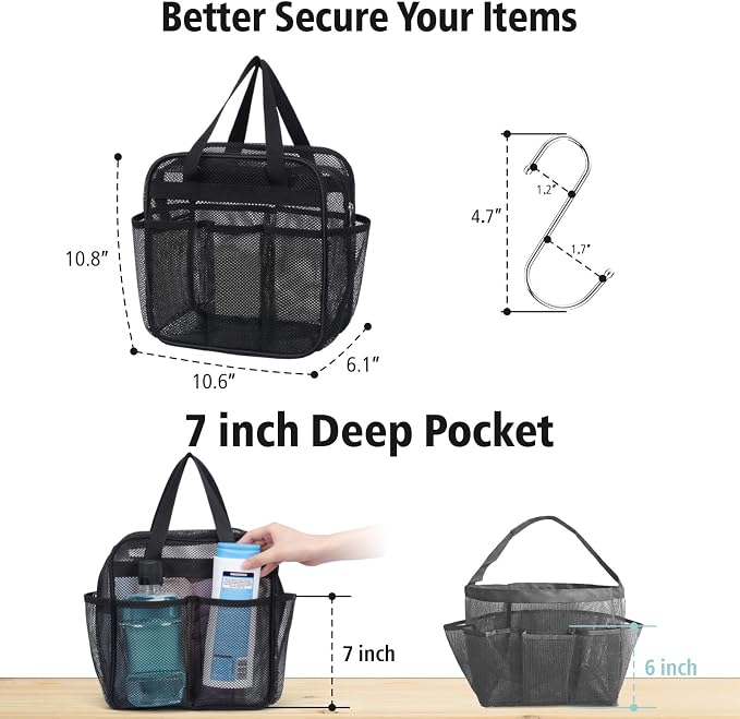 Mesh Shower Caddy Portable with Zipper - 2-Handle Shower Bag for Dorm | 8 Deep Pockets, S-Hook, Quick-Dry Mesh, College Dorm Room Essentials for Girls, Camping, Gym, Travel & Bathroom, Black