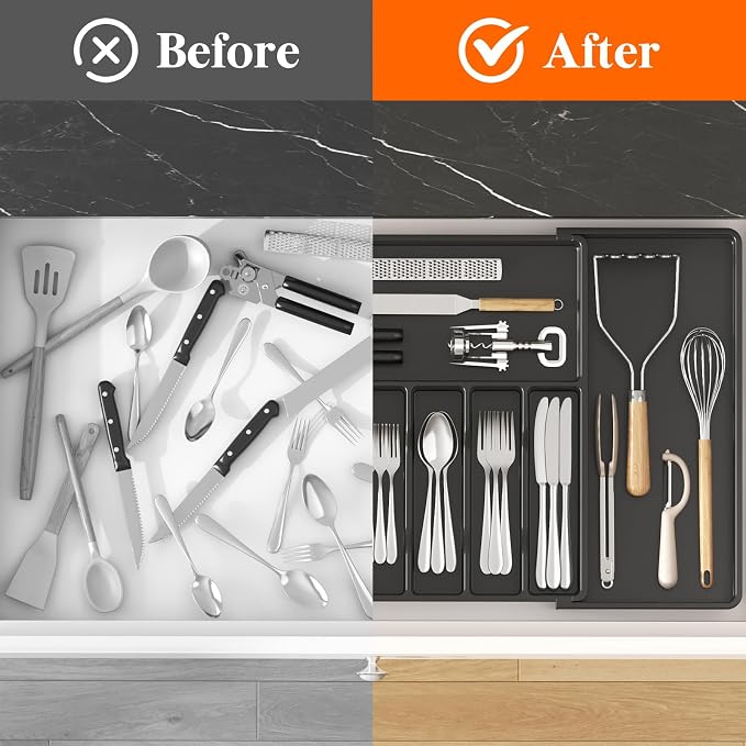 Lifewit Silverware Drawer Organizer, Expandable Utensil Tray for Kitchen, BPA Free Flatware and Cutlery Holder, Adjustable Plastic Storage for Spoons Forks Knives, 18- 33 x 18.5", Black