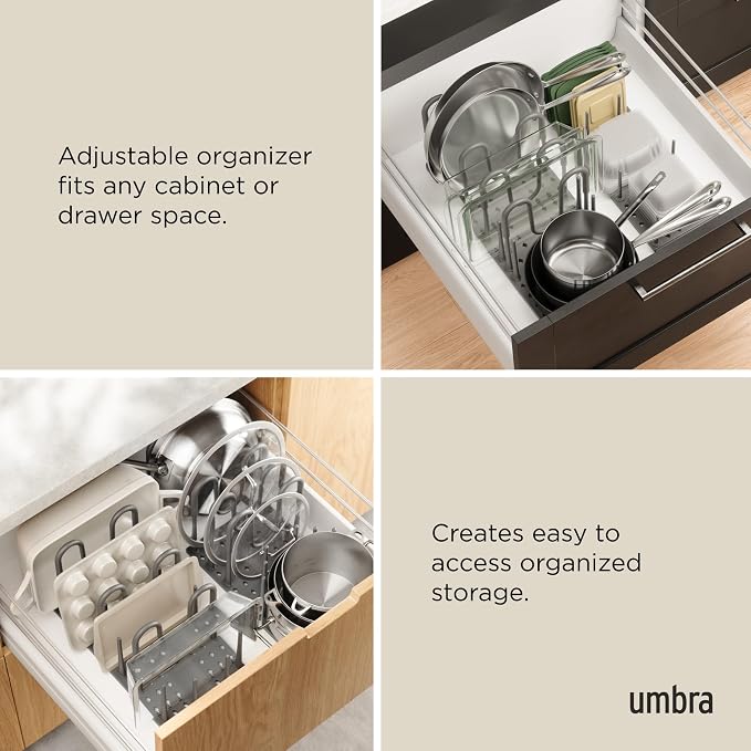 Peggy Kitchen Drawer Cupboard Organizer Tray - Adjustable Storage System For Food Containers, Cookware, Serveware, Utensils and More, Large, Grey | Adjustable peg system keeps cookware, containers, lids, utensils, and serveware organized