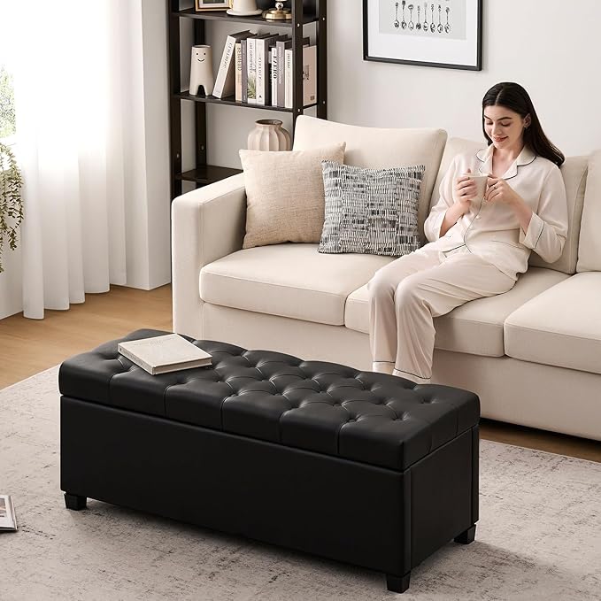 Living&Giving Leather Storage Ottoman Bench for Bedroom, 47.2", Black | 47.2'' faux leather storage ottoman with safety hinge, tufted seat and spacious hidden storage for everyday organization.