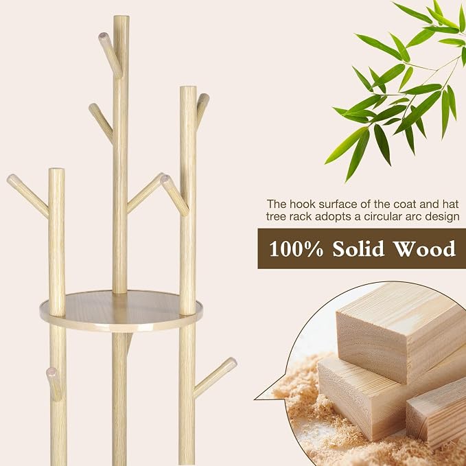 Wood Coat Rack Freestanding Rotary Coat tree with 3 Shelves and 9 Hooks | Heavy Duty Coat Rack Coat Hanger Stand for Entryway, Bedroom, Living Room – Holds Jackets, Coats, Hats, Bags (Natural)