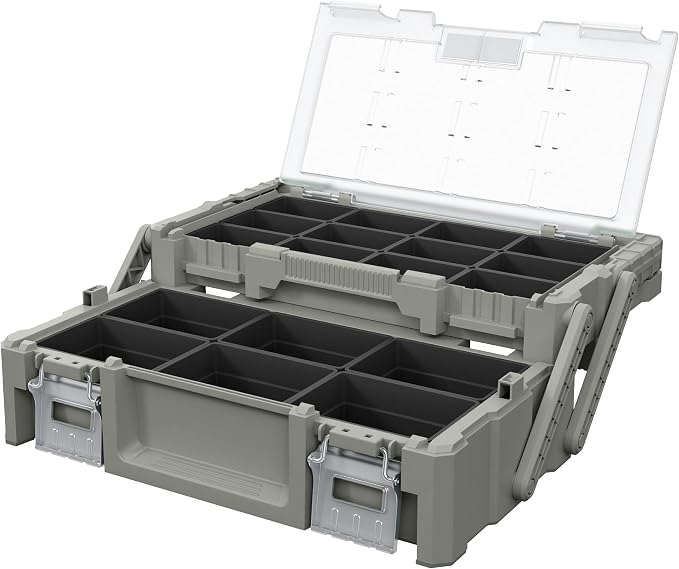 18" Cantilever Tool Box Organizer, Olive Green Heavy-Duty Tool Storage Box | 18 Removable Compartments, Metal Latches, Metal Carry Handle, Clear Lid & Two-Layer Full-Access Design