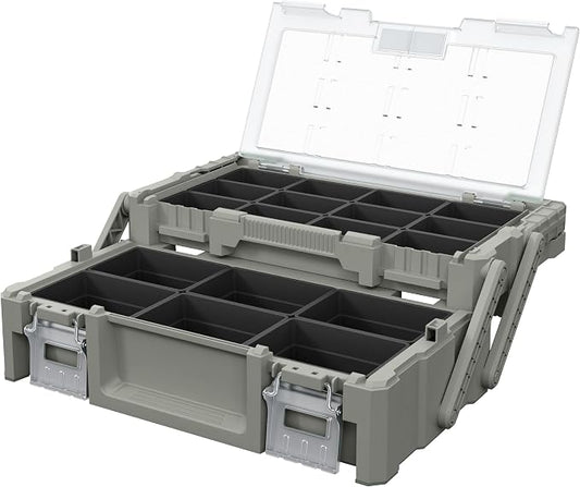 18" Cantilever Tool Box Organizer, Olive Green Heavy-Duty Tool Storage Box | 18 Removable Compartments, Metal Latches, Metal Carry Handle, Clear Lid & Two-Layer Full-Access Design