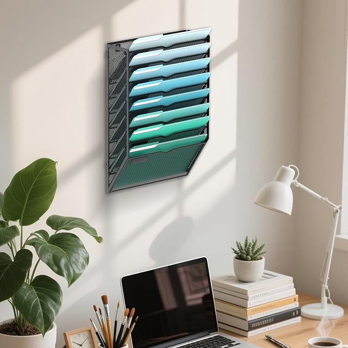 SUPEASY 8-Tier Wall File Organizer, Wall Mounted Mail Sorter, 2 Pack | Metal Mesh Hanging File Organizer with Open Compartments and Label Panels for Papers and Folders at Home, Office or School