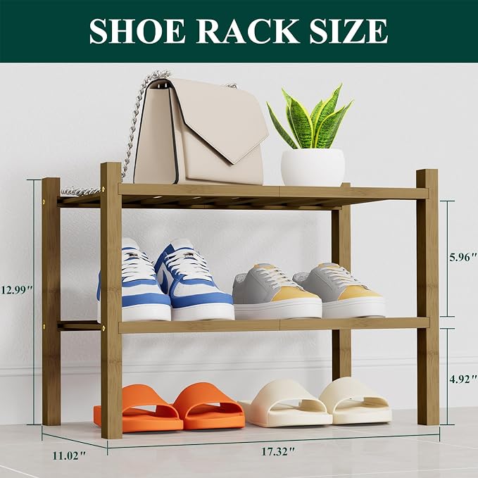 Smiry Bamboo Shoe Rack, 14 Vertical Slats, 2 Tier - 17.3" Wide, Walnut | Stackable Free Standing Wooden Shoe Organizer, Wood Shoe Storage Shelf for Closet, Entryway, Thicher Leg