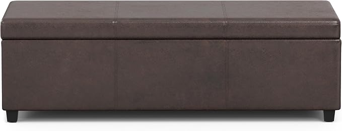 SIMPLIHOME Bretton 43" Wide Polyester Fabric Storage Ottoman in Umber Brown | Contemporary lift-top ottoman with high-density foam; rectangle storage bench or coffee table for living room or entryway.