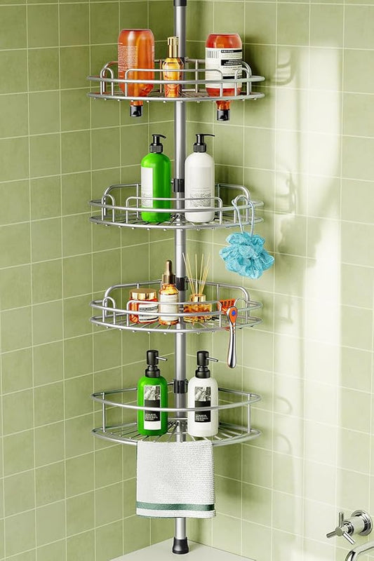 HAMITOR Corner Shower Caddy Tension Pole: 4-Tier Rust-Resistant Adjustable Bathroom Organizer Shelves - 47.72-123.6 Inch No-Drill Quick Install - Space-Saving Storage for Renters Family - Silver Gray