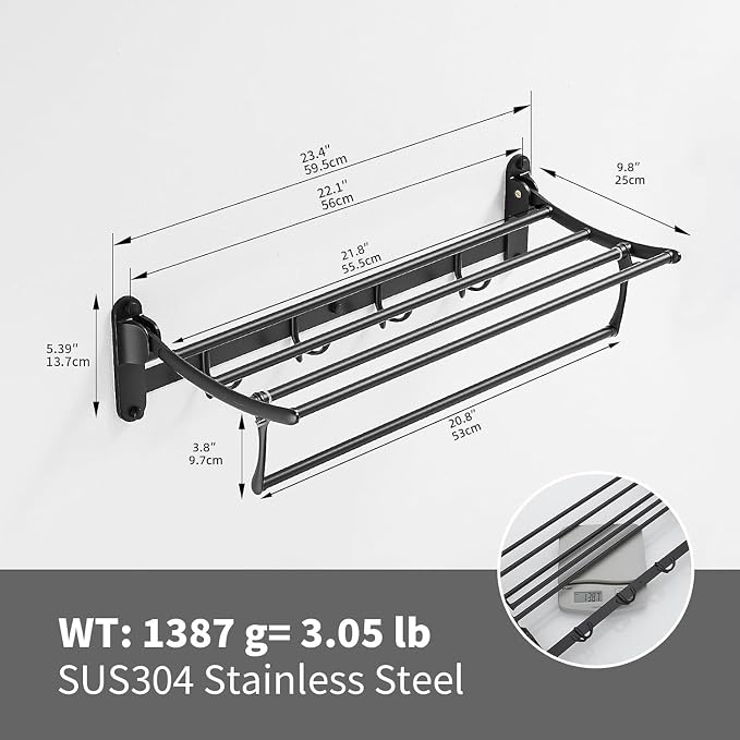24 Inch Matte Black Towel Racks, Bathroom Towel Shelf with Foldable Towel Bar Holder and Towel Hooks, Wall Mounted Multifunctional Bathroom Accessories, Double Towel Bars