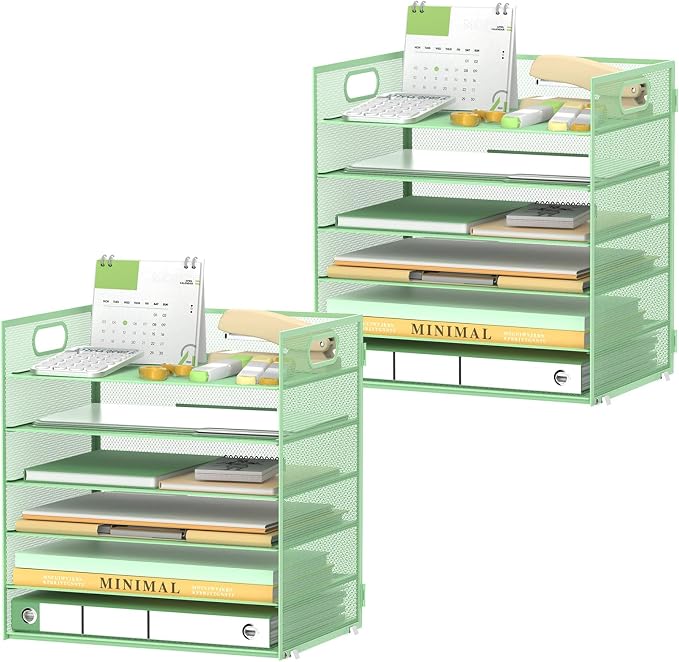 Daltack 6-Tier Paper Organizer for Desk with Handle, Green, 2 Pack | Sturdy Metal Mesh Organizer with Movable Middle Trays and a Carry Handle for Papers, Folders and Office Supplies