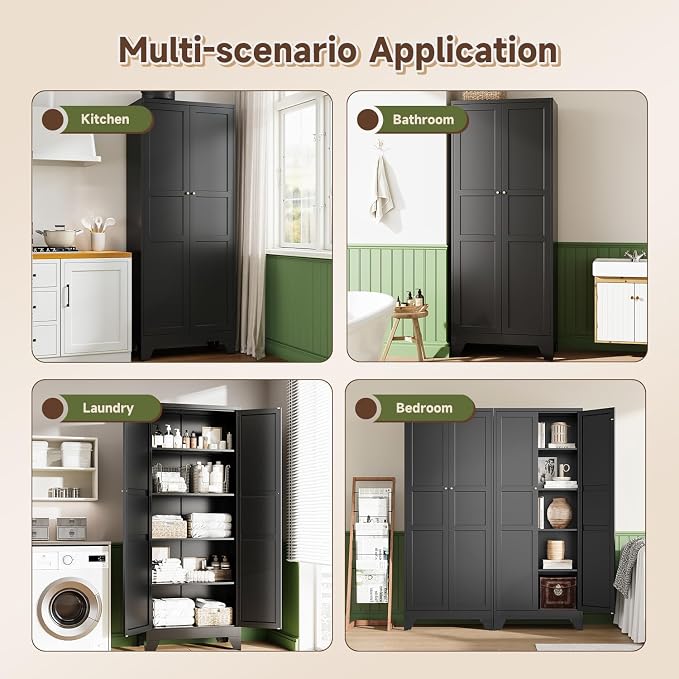 Letaya 75" H Metal Storage Cabinet with 2 Doors and 4 Shelves,Tall Kitchen Pantry Cabinets,Farmhouse Utility Pantry Organizers for Cupboard/Dining/Bathroom/Home Office/Garage Room,Black